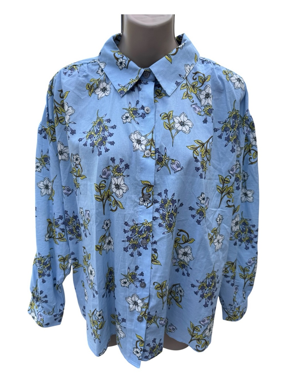 LOFT blue cotton blouse with white and purple flowers , Large
